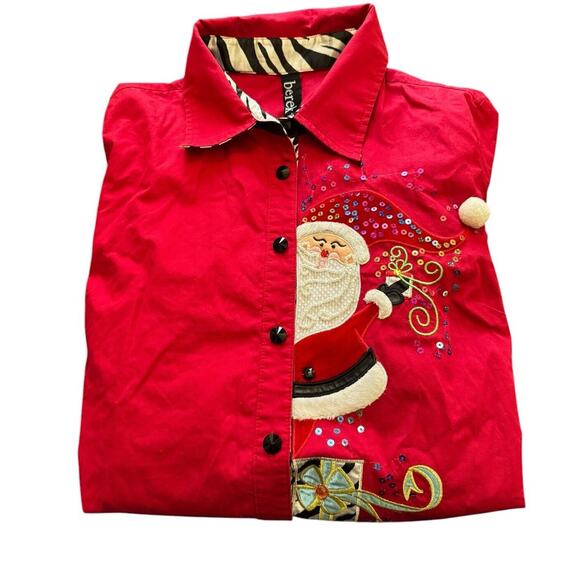 Peeking Santa Christmas Blouse Berek Red Zebra Trim Beads Sequins Top Women's L - Picture 7 of 11